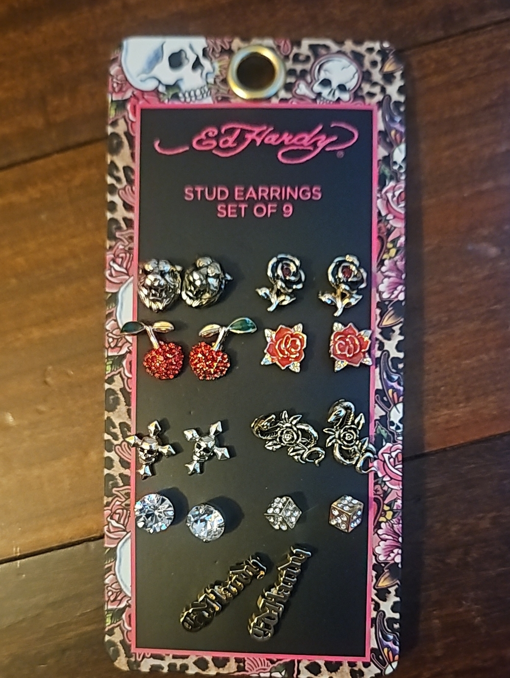 Ed Hardy Stud Earrings Set of 9 - Black & Pink Accents - Picture 2 of 7